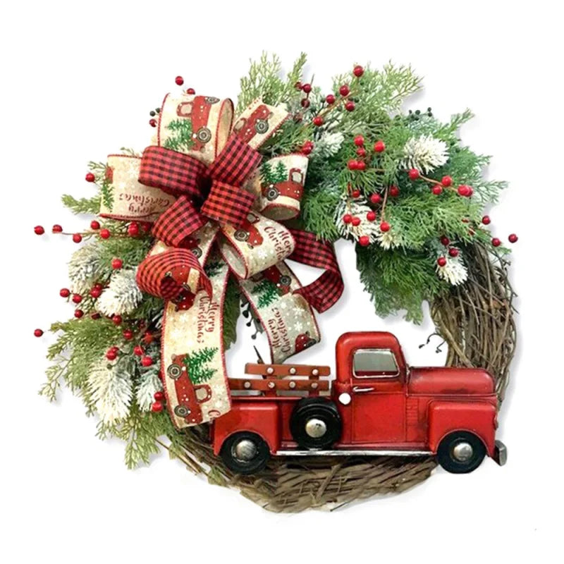 35Cm Christmas Wreath Red Truck Front Door Wreath Vintage Farm Wreath with Pine Cones Fall Wreaths for Thanksgiving Xmas Decors