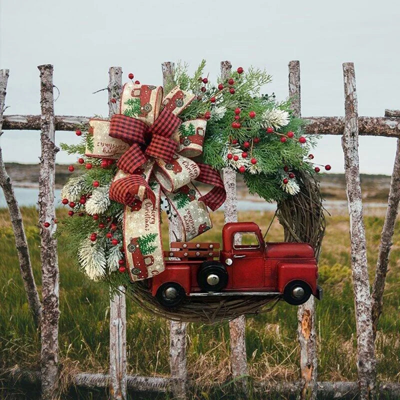 35Cm Christmas Wreath Red Truck Front Door Wreath Vintage Farm Wreath with Pine Cones Fall Wreaths for Thanksgiving Xmas Decors