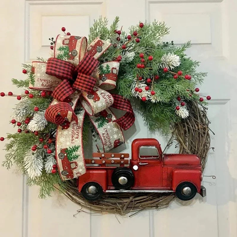 35Cm Christmas Wreath Red Truck Front Door Wreath Vintage Farm Wreath with Pine Cones Fall Wreaths for Thanksgiving Xmas Decors